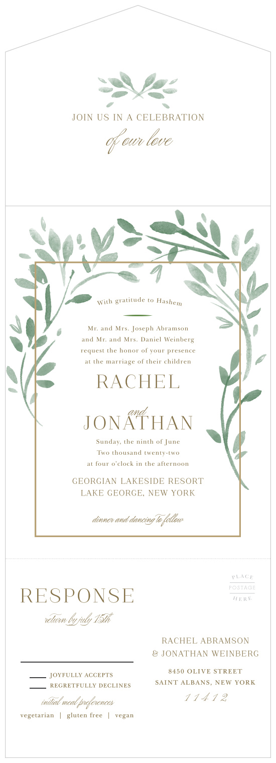 Like something directly out of a fairytale, our Fairytale Leaves Seal and Send Wedding Invitations are a fantastical representation of the growth of your love for your partner.