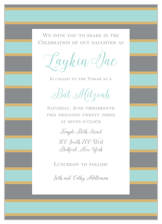 Add some foil to your Bat Mitzvah with the Golden Stripes invitations.