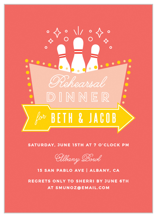 Pin down the details with our Bowling Sign Rehearsal Dinner Invitations. 