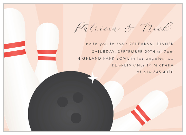 Line them up and they'll be sure to be down for a day of informal fun with our Bowling Pins Rehearsal Dinner Invitations.