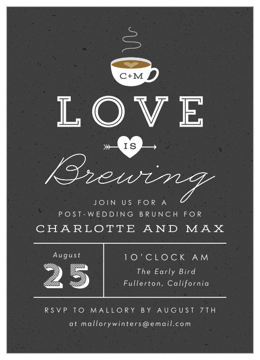 Invite your friends and family to join the excitement with our Latte Love Rehearsal Dinner Invitations. 