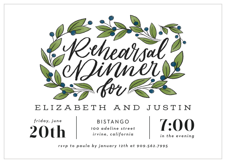 Bring your friends and family together with our Blueberry Wreath Rehearsal Dinner Invitations. 