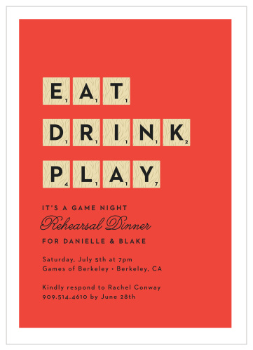 Invite your friends and family to relax before the big day with our Board Game Rehearsal Dinner Invitations. 