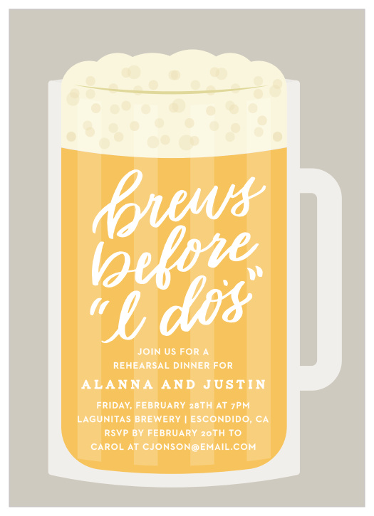 Get the party started with our Sudsy Brews Rehearsal Dinner Invitations. 