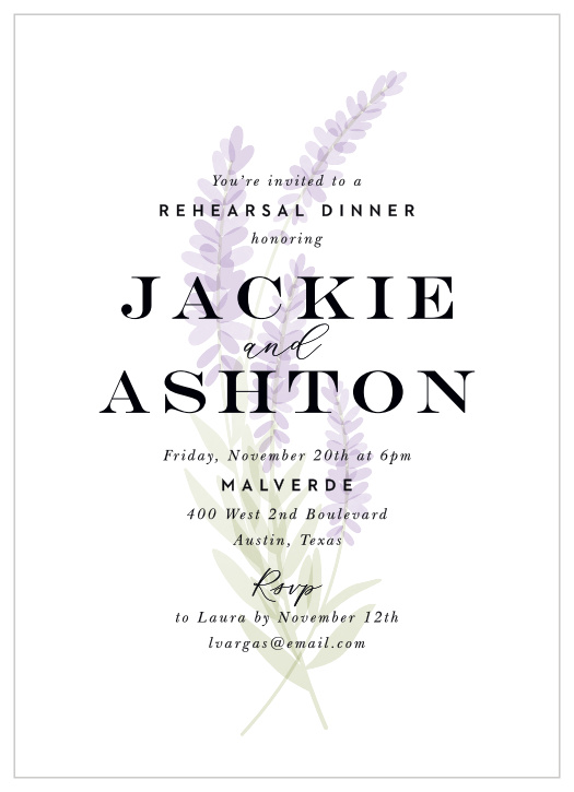 Our Lavender Bunch Rehearsal Dinner Invitations are perfect for bringing your friends and family together before the wedding.