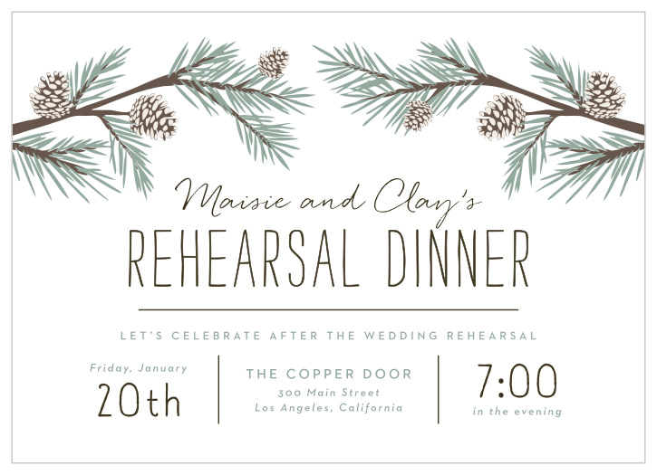 Gather for a meal before the wedding with our Pine Branches Rehearsal Dinner Invitations. 