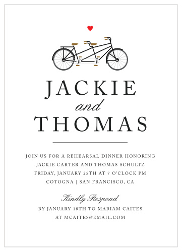 Pedal your way toward a perfect wedding day with our Tandem Bike Rehearsal Dinner Invitations.