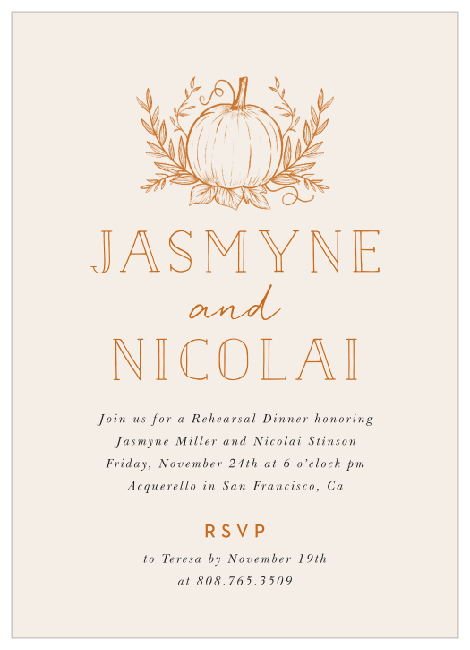Celebrate your upcoming fall wedding with the beautiful beige backdrop of our Pumpkin Sketch Rehearsal Dinner Invitations!