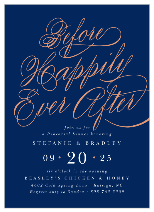 Shining rose-gold foil guarantees that your Forever After Rehearsal Dinner Invitations are an eye-catching introduction to your event. 