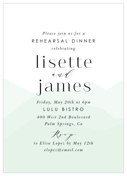 Get ready for your journey with our Mountain Gradient Rehearsal Dinner Invitations. 