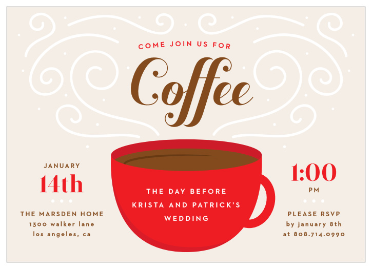 Showcase your personal blend of brewing love with our Coffee Time Rehearsal Dinner Invitations.