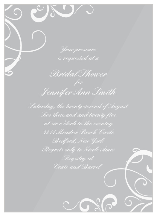 With an irresistibly vintage design featuring decor, you can be sure that our Artful Swirls Clear Bridal Shower Invitations are perfect for gathering together the people you care about most
