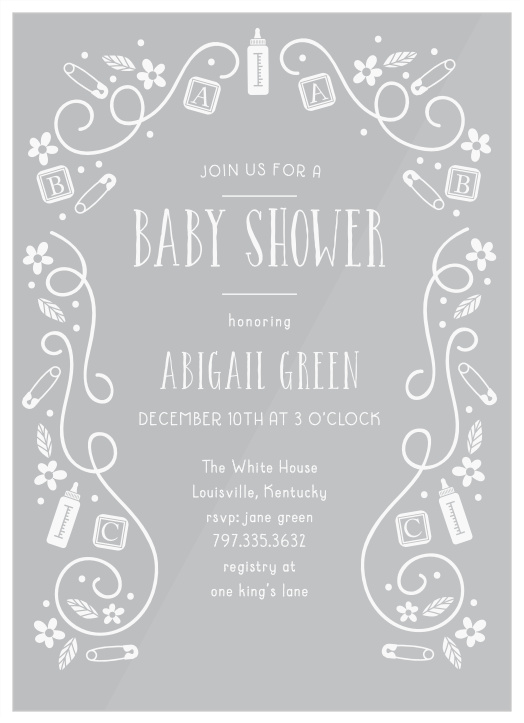 Bottles, blocks, and safety pins mingle with florals and swirls to make a playful border on the ABC Blocks Clear Baby Shower Invitations.