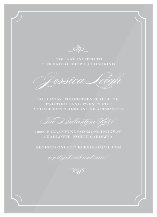 Enjoy the company of your friends and family when you use our Scripted Borders Clear Bridal Shower Invitations