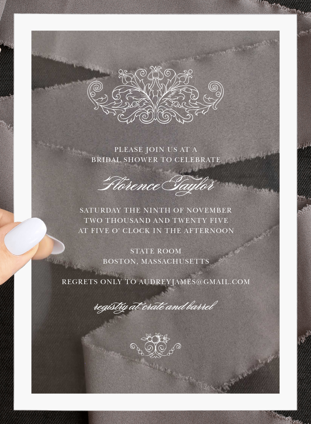 Simple Damask Clear Bridal Shower Invitations