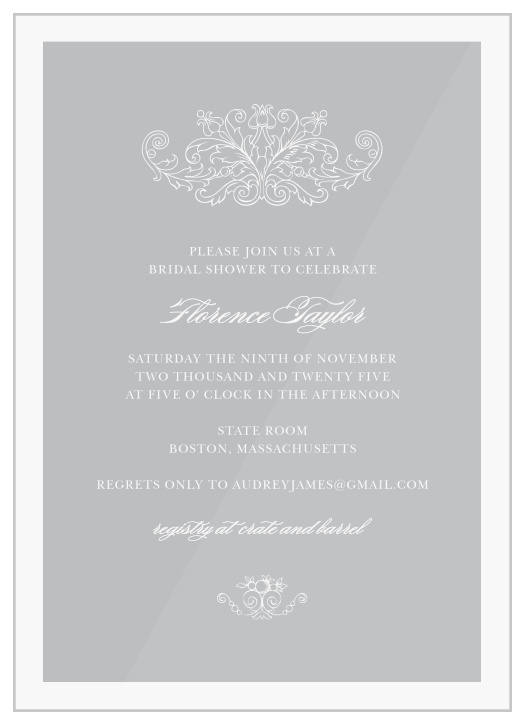 Our elegant Simple Damask Clear Bridal Shower Invitations are the perfect choice for your gathering of family and friends. 