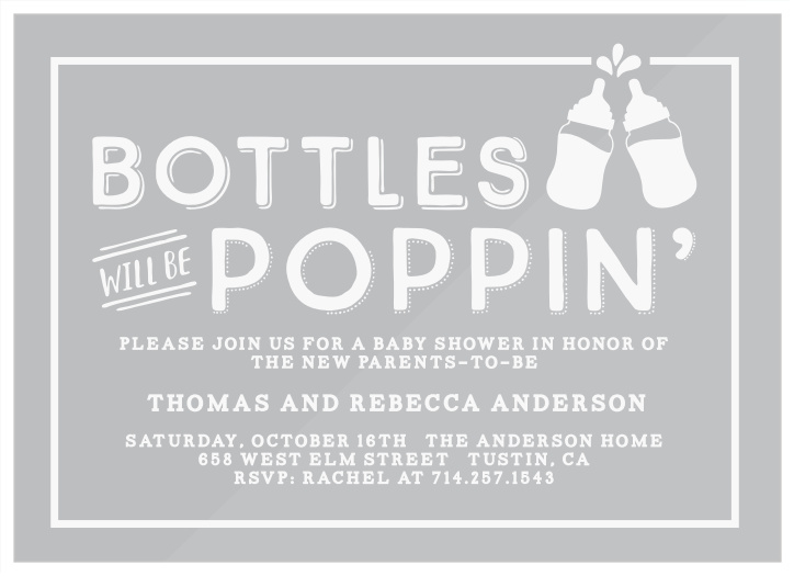 Two baby bottles join for a "cheers!" on our Poppin' Bottles Clear Baby Shower Invitations! 