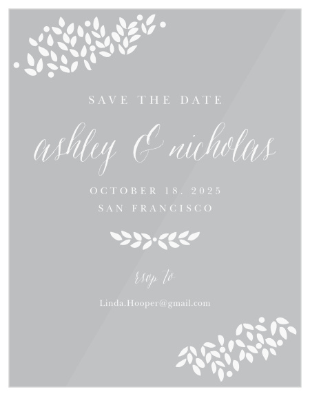 Accent your engagement photo with the delicate foliage of the Blushing Foliage Clear Save-the-Date Cards. 