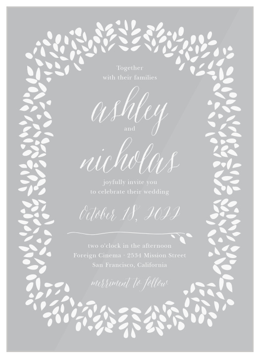 Graceful foliage frames the text of the Blushing Foliage Clear Wedding Invitations. 