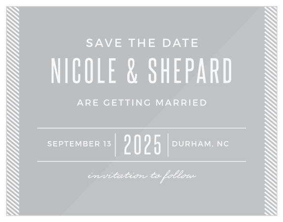Bold fonts, clean lines and modern slanted stripes infuse the Masterly Charm Clear Save-the-Date Cards from the Crafty Pie Collection at Basic Invite with youthful sophistication.