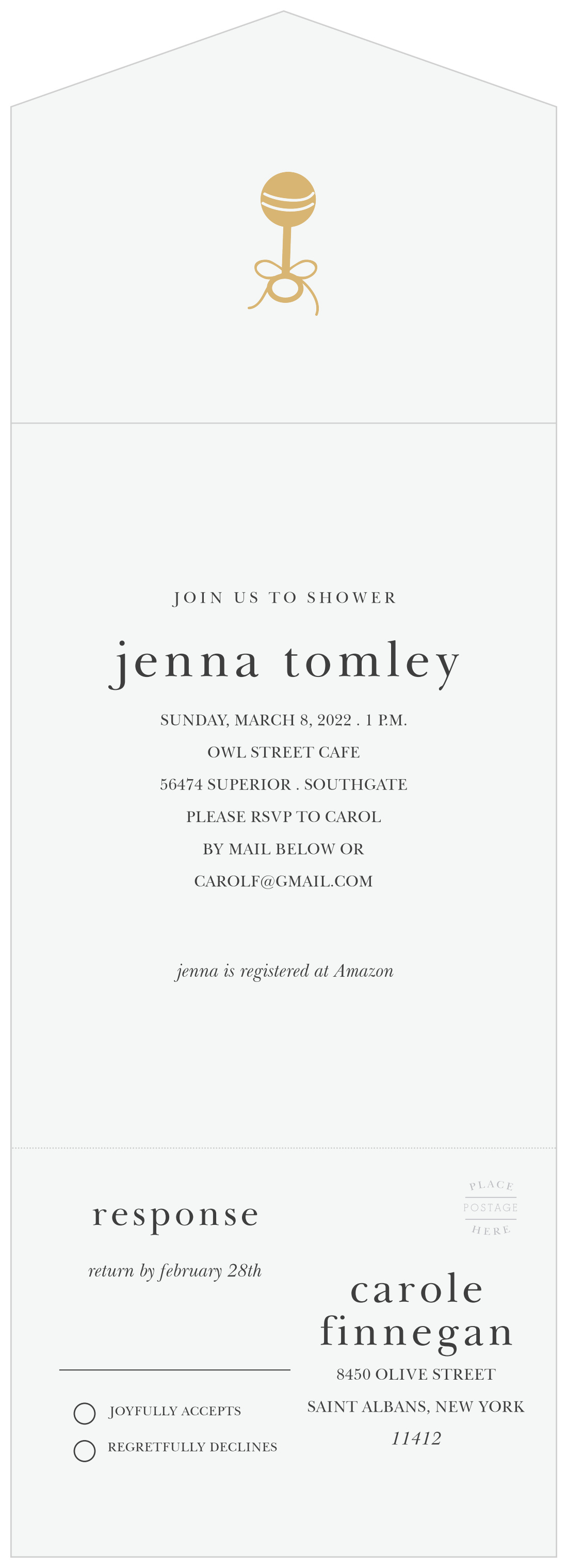 Golden Rattle Seal & Send Baby Shower Invitations