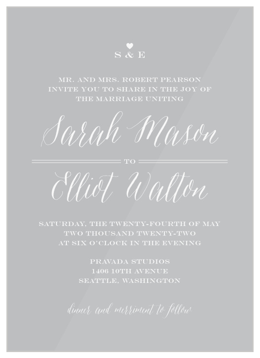 A simple emblem for your initials pairs with very stylish calligraphy for the Rustic Chic Clear Wedding Invitations.