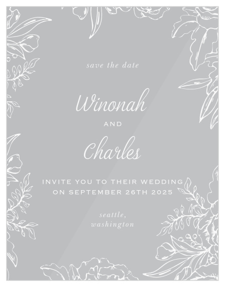 Ensure that your friends and family know when your wedding will be using the Enveloped Peonies Clear Save-the-Date Cards. 