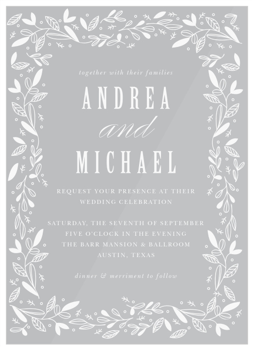 Make your wedding planning a breeze with the leaves-in-the-wind illustrations of our Fall Forest Clear Wedding Invitations.