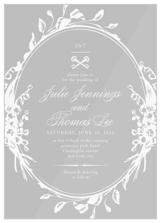 An oval of vintage, elegant florals frames your text on the Elegant Relic Clear Wedding Invitations.