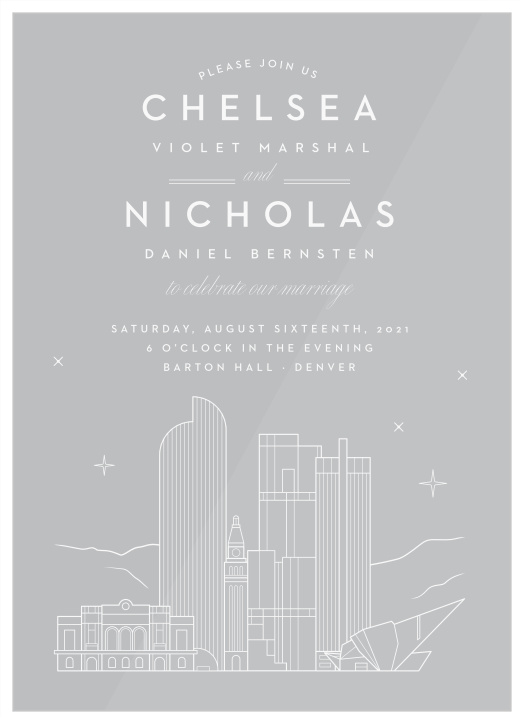 Our beautifully illustrated Denver Skyline Clear Wedding Invitations help you share your wedding-day details with the breathtaking beauty of the big city’s lights. 