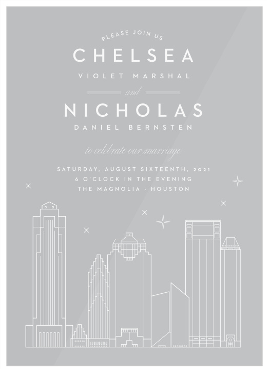 Our beautifully illustrated Houston Skyline Clear Wedding Invitations help you share your wedding-day details with the breathtaking beauty of the big city’s lights.