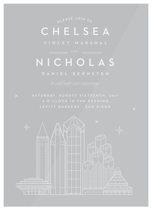 Our beautifully illustrated San Diego Skyline Clear Wedding Invitations help you share your wedding-day details with the breathtaking beauty of the big city’s lights. 