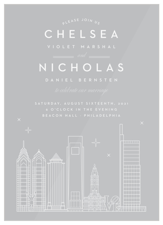 Our beautifully illustrated Philly Skyline Clear Wedding Invitations help you share your wedding-day details with the breathtaking beauty of the big city’s lights. 
