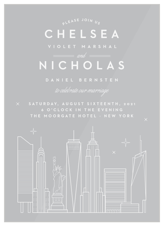 Our beautifully illustrated NYC Skyline Clear Wedding Invitations help you share your wedding-day details with the breathtaking beauty of the big city’s lights.