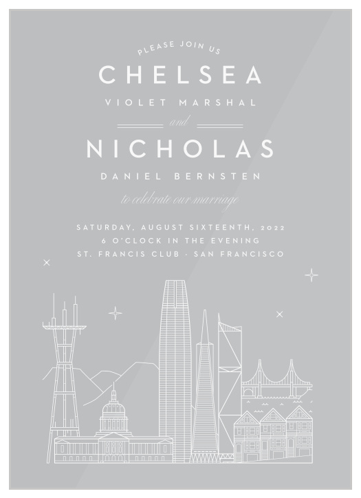 Our beautifully illustrated San Francisco Skyline Clear Wedding Invitations help you share your wedding-day details with the breathtaking beauty of the big city’s lights.