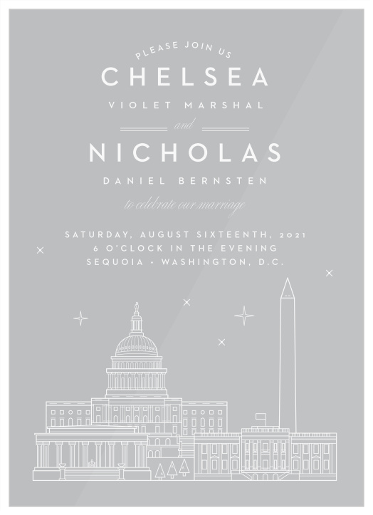 Our beautifully illustrated Washington D.C. Skyline Clear Wedding Invitations help you share your wedding-day details with the breathtaking beauty of the big city’s lights. 
