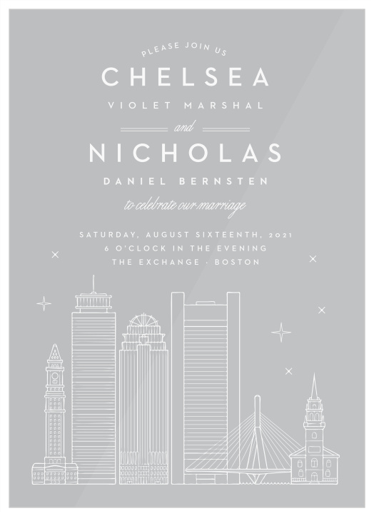 Our beautifully illustrated Boston Skyline Clear Wedding Invitations help you share your wedding-day details with the breathtaking beauty of the big city’s lights. Personalize them on our website now!