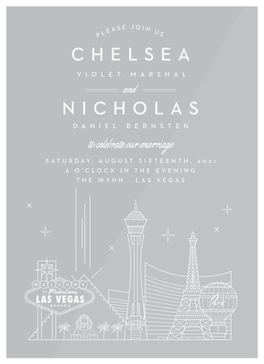 Bring your family and friends together for your big day with the brightly lit cityscape look of our Las Vegas Skyline Clear Invitations.