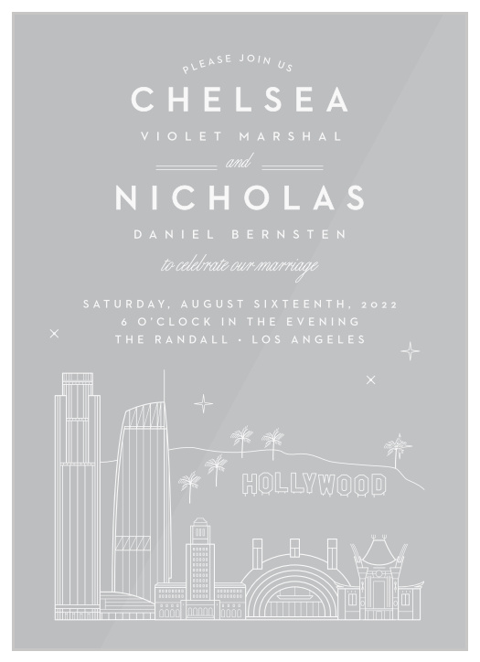 Bring your closest friends and family together for your special day with the brightly lit cityscape of our Los Angeles Skyline Clear Wedding Invitations.