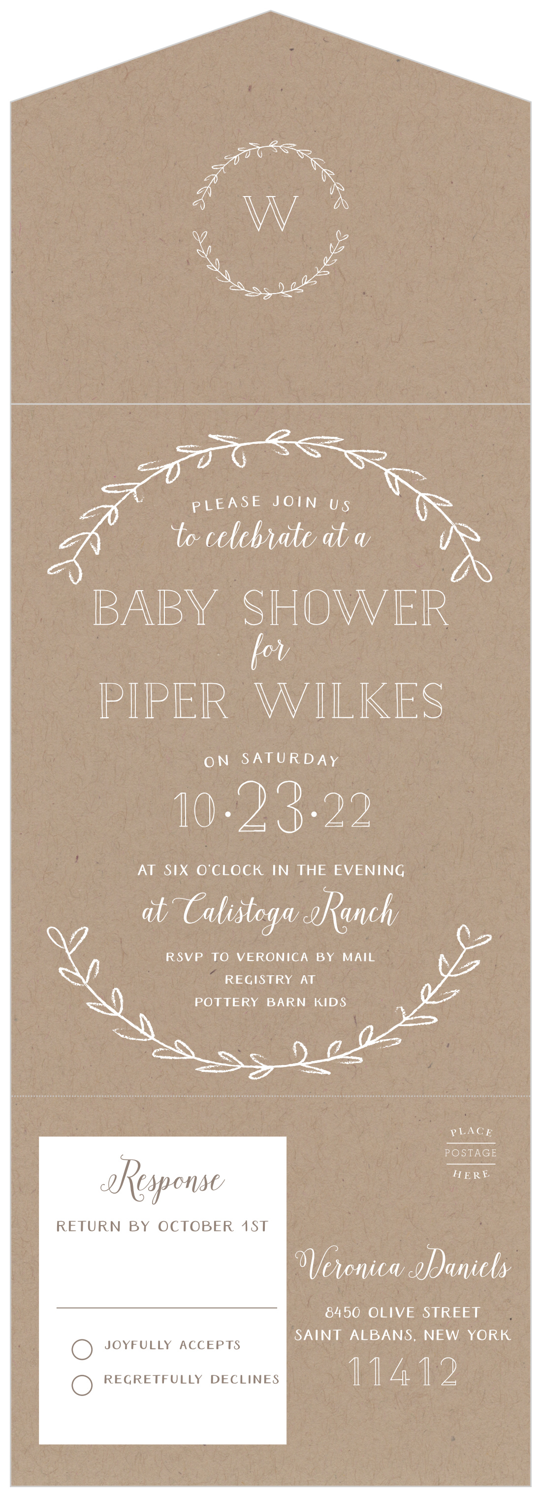 Rustic Laurel Seal & Send Baby Shower Invitations