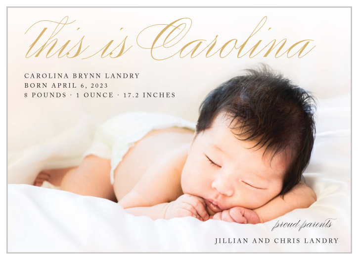 Broadcast your new arrival to your closest friends and family with the lovely look of out Simple Script Foil Birth Announcements.