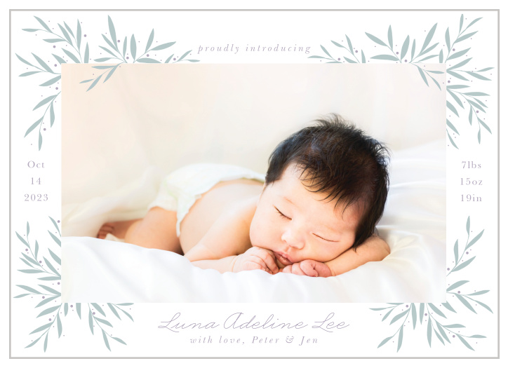 Share your joy with all your friends and loved ones with the Tiny Leaves Birth Announcement.