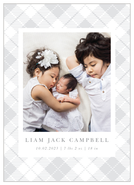Introduce your newest addition to family and friends with the charming look of our Plaid Blanket Birth Announcements. 