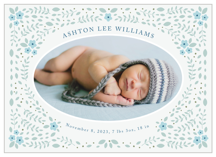 Share your joy with all your friends and loved ones with the Oval Garden Birth Announcement.
