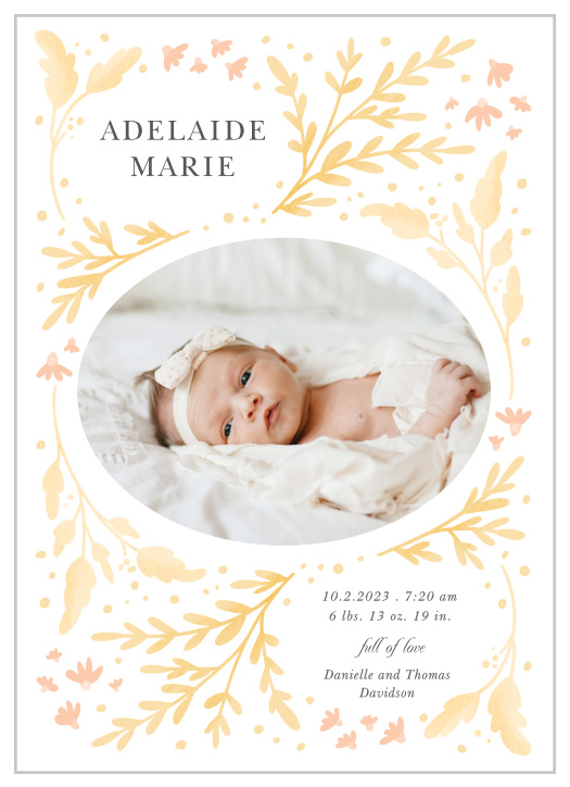Share your joy with all your friends and loved ones with the Nature Foliage Birth Announcement. 