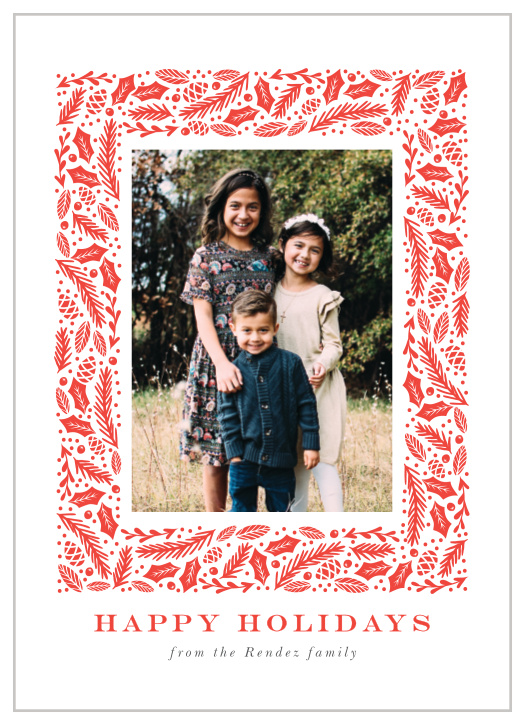 Our Radiant Frame Holiday Cards are an elegant way to celebrate the cold season! Our design features a frame of foliage dressed in red to inspire the up and coming winter holiday season!