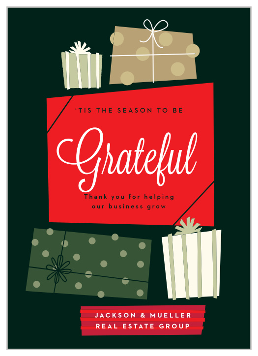 Our Present Stack Holiday Cards are simple but festive greeting cards to show appreciation for any employees or clientele that receive it!