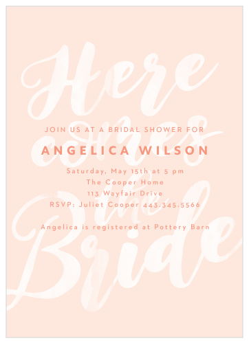 Gather your closest friends and family together to celebrate your upcoming big day with the classic look of our Here Comes The Bride Bridal Shower Invitations.