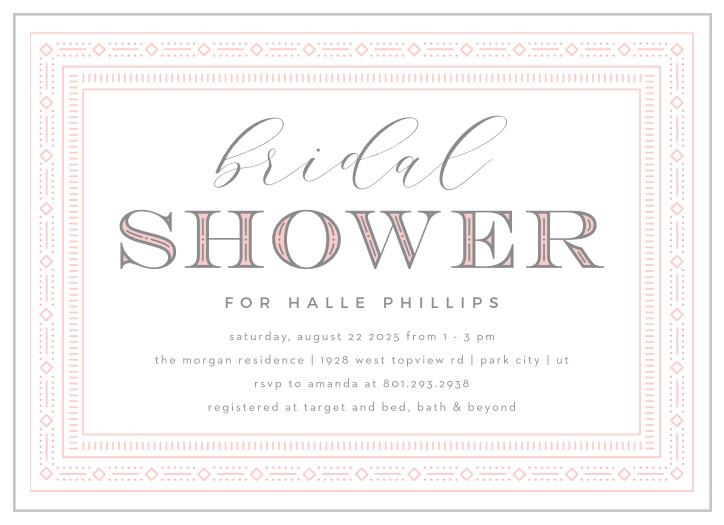 The classic look of our Bedazzled Frame Bridal Shower Invitations is a wonderful way to bring close friends and family together to celebrate the bride-to-be.