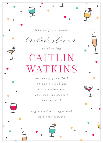 Surround the bride with close friends and family for a celebration with the fun look of our Confetti Cocktails Bridal Shower Invitations.